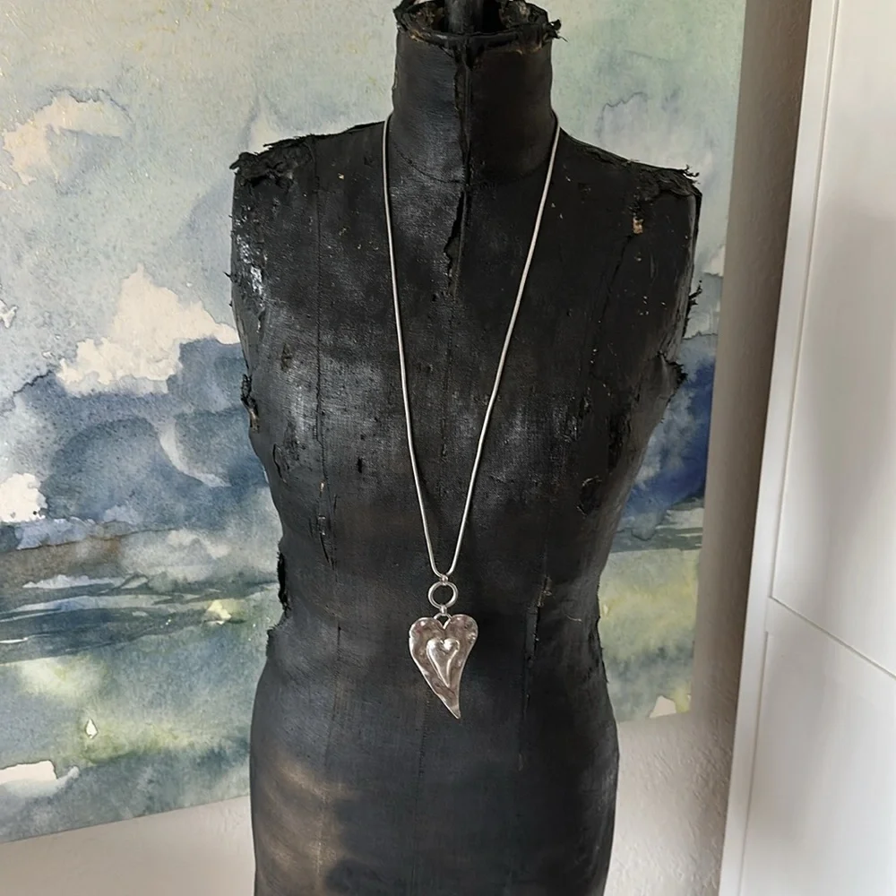 Long Statement Heart Silver Tone Pendant - Picture 2 of 5